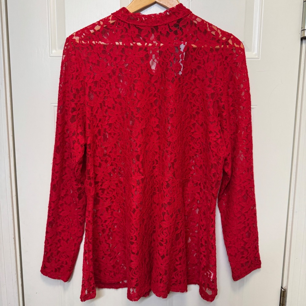 Lane Bryant Womens Top 18/20 Red Lace Mock Neck Keyhole Long Sleeve Romantic